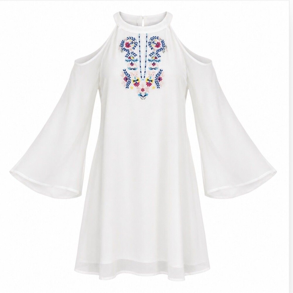 Nicole Miller White Embroidered Cold Shoulder Dress Womens 6 Boho Shift